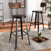 Baxton Studio T-4625-Natural/Black-BS Kenna Vintage Rustic Industrial Wood and Black Metal Finished 2-Piece Metal Bar Stool Set